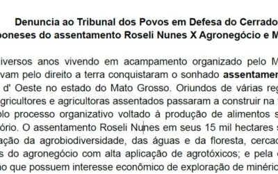 Denuncia ao Tribunal dos Povos em Defesa do Cerrado: Camponeses do assentamento Roseli Nunes X Agronegócio e Mineração